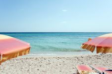 Two Chairs And Two Umbrellas On The Beach Royalty Free Stock Photos Two Chairs And Two Umbrellas On The Beach Royalty Free Stock Photos