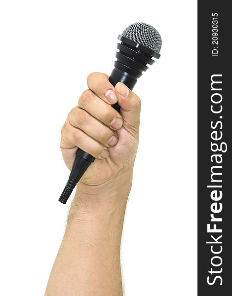 Hand with black microphone in a white background