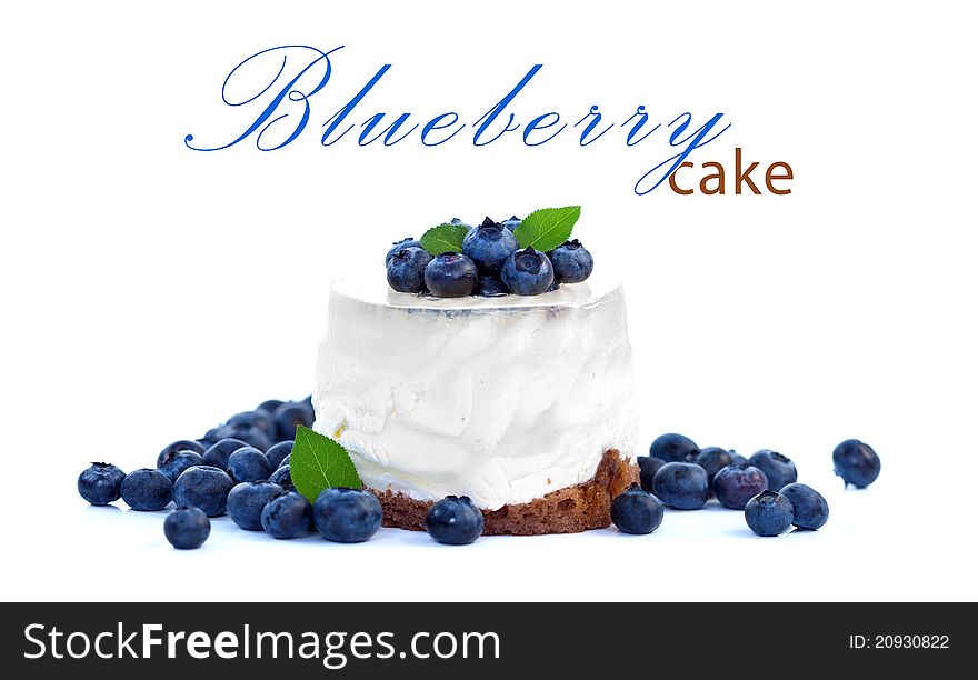 Cheesecake with bilberries on white background, place for your text up. Cheesecake with bilberries on white background, place for your text up