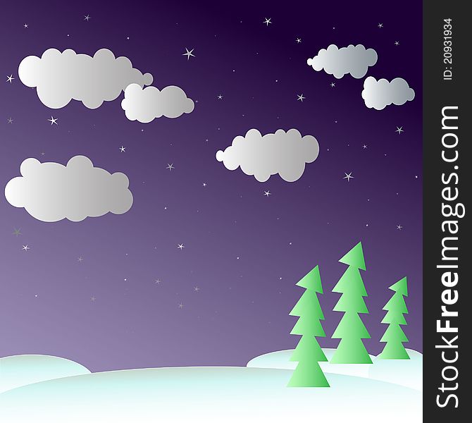 Snow covered landscape with green trees under dark cloudys ky with shiny stars. Snow covered landscape with green trees under dark cloudys ky with shiny stars