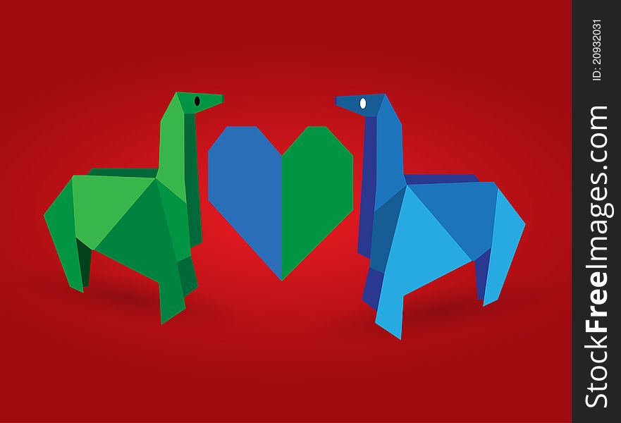 Origami couple horse on color background