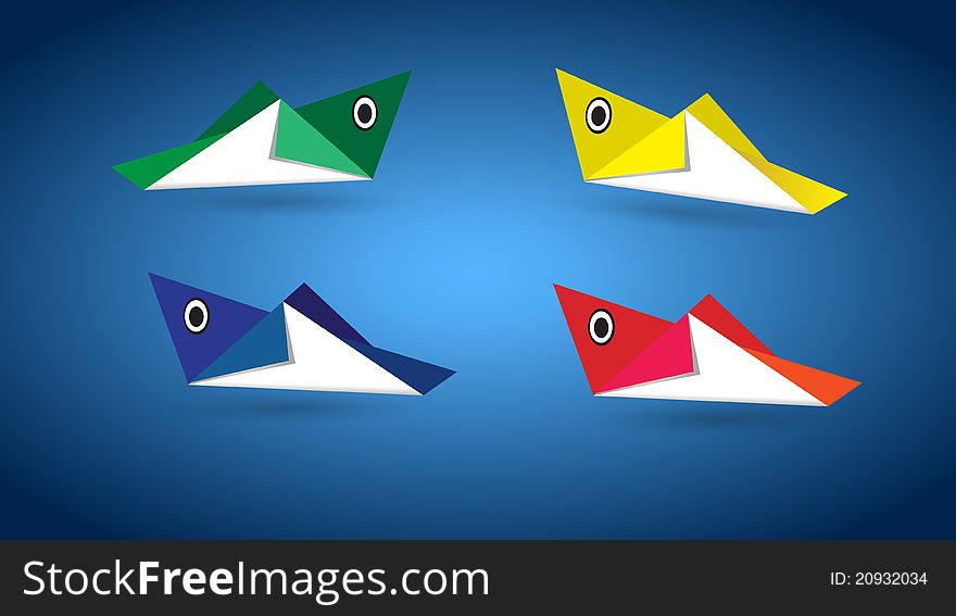 Origami fishes on color background