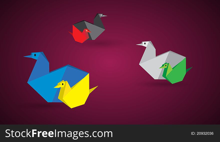 Origami chickens on color background