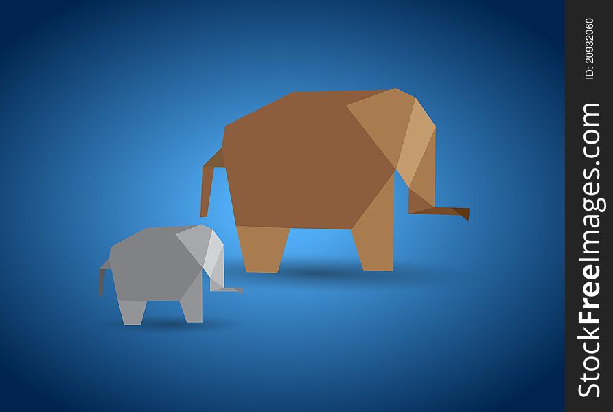 Origami elephants lion on color background