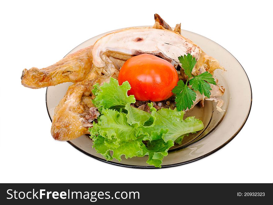 Grilled chicken with fresh vegetables on white