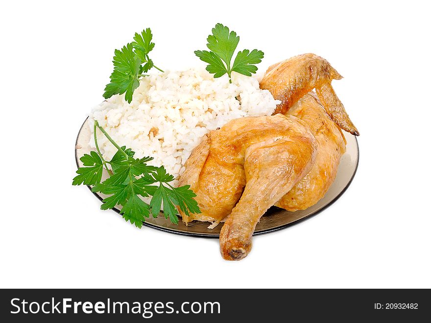 Fried chicken with rice garnish on white