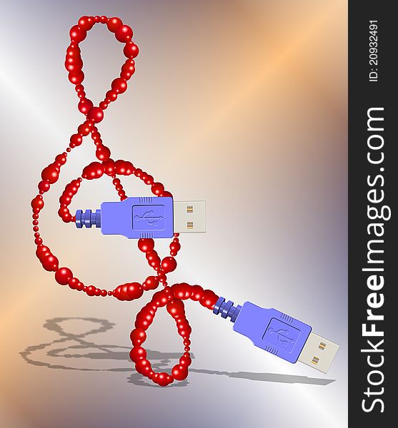 A funky usb cable with plugs forming a treble clef. A funky usb cable with plugs forming a treble clef