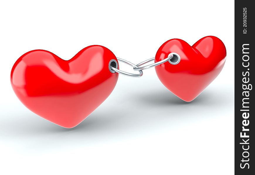 Two red hearts constrained a metallic chain