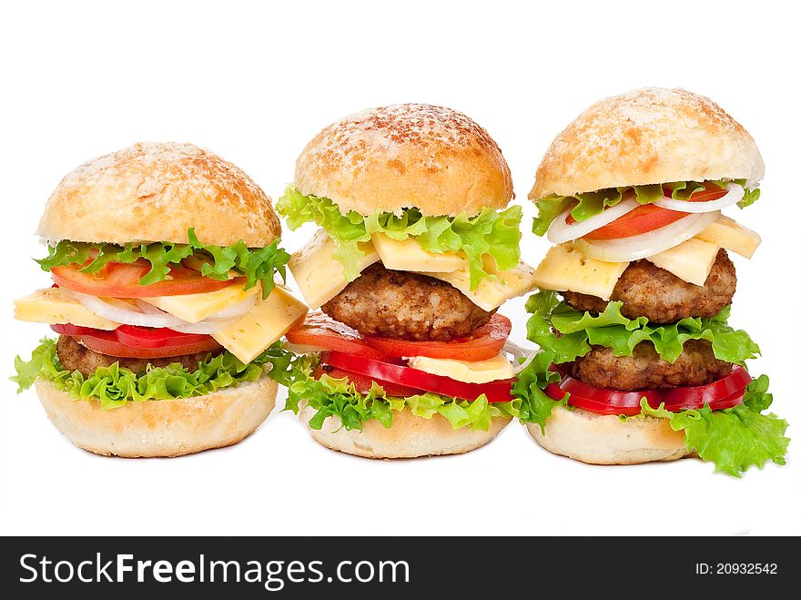 Big hamburgers on white background