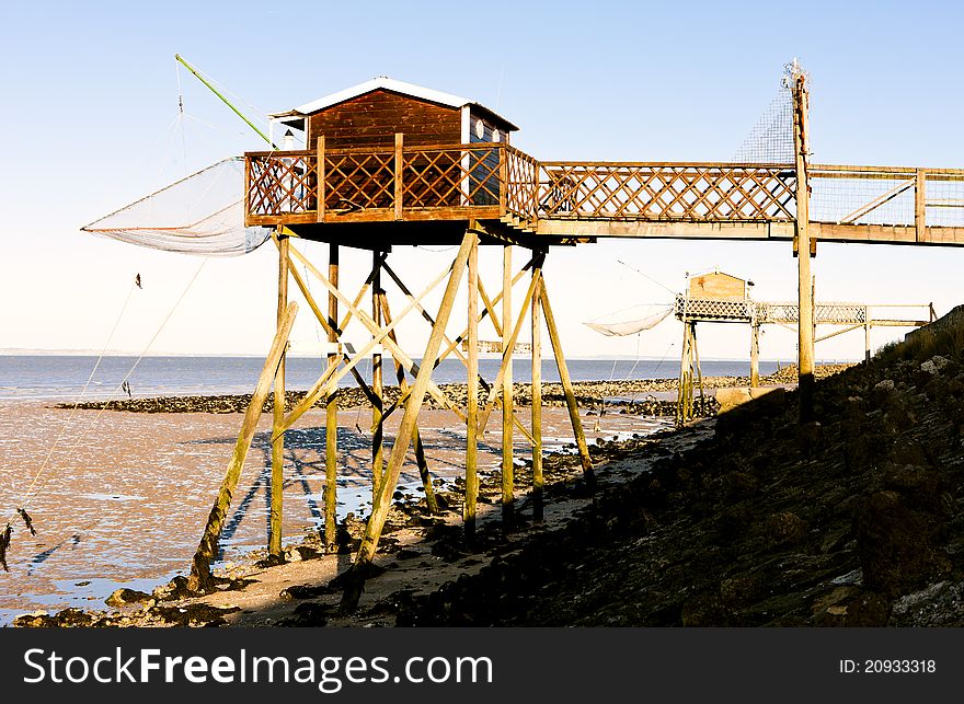 Piers with fishing nets in Gironde Department, Aquitaine, France