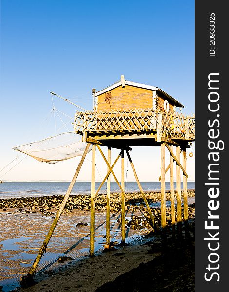 Fishing house with a fishing net in Gironde Department, Aquitaine, France