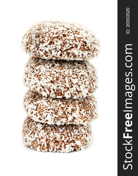 Chocolate and coconut covered marshmallow stcak over white. Chocolate and coconut covered marshmallow stcak over white