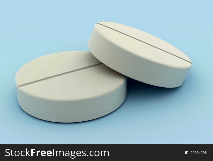 Two white pills on blue background. Two white pills on blue background