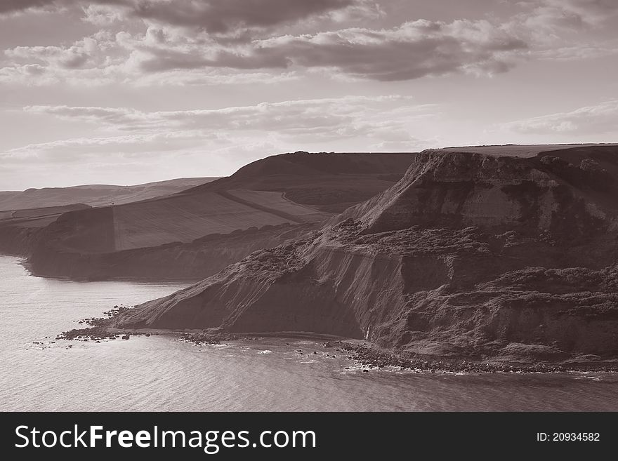 Jurassic Coast and the Isle of Purbeck in Sepia Black and White Tone, Dorset, England, UK. Jurassic Coast and the Isle of Purbeck in Sepia Black and White Tone, Dorset, England, UK