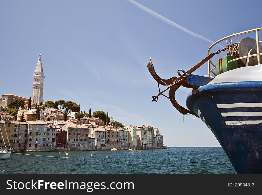 Rovinj old town view croatia with moored fishing boat. Rovinj old town view croatia with moored fishing boat