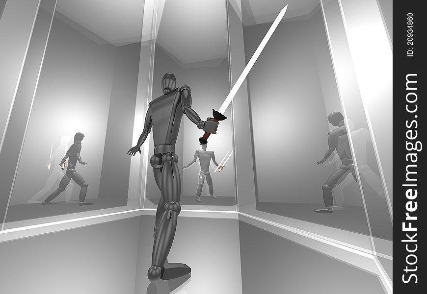 3D warrior in silver mirror room