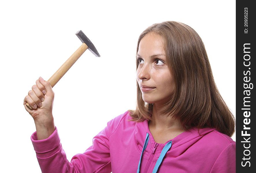 Woman with hammer, isolated on white