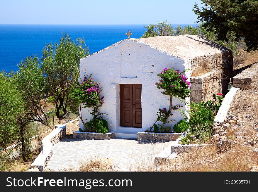 White small chapel in Lindos.Rhodes islan