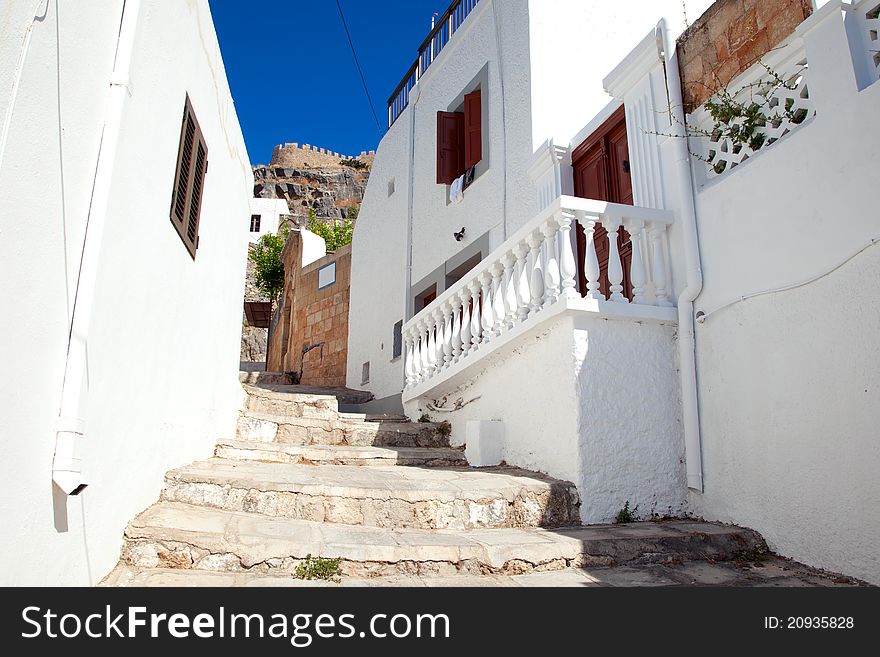 Narrow street in Lindos.Rhodes island, Greece