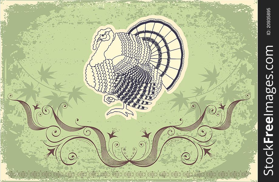Thanksgiving decoration postcard.Grunge background with turkey.