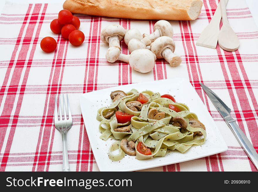 Tagliatelle with mushrooms and cheese Mediterranean food
