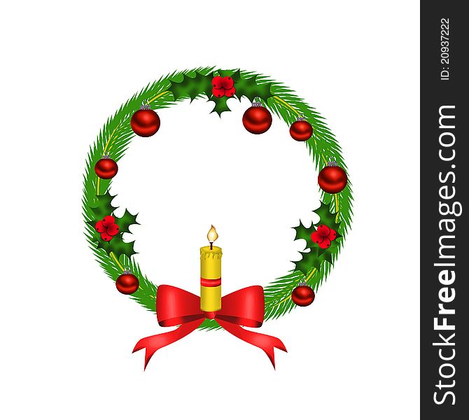 Christmas Wreath With Red Bow And Candle