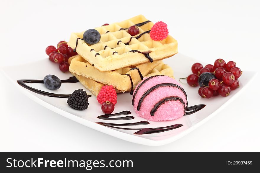 Waffle with vanilla and strawberry ice cream. Waffle with vanilla and strawberry ice cream