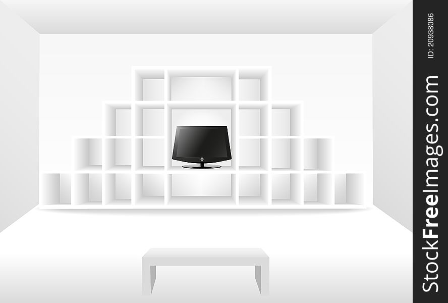 White 3d empty bookshelf with a tv. White 3d empty bookshelf with a tv