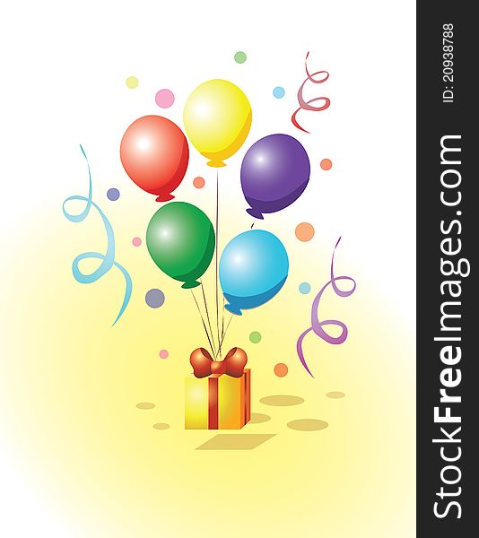 A vector graphic image with balloons holding a present.