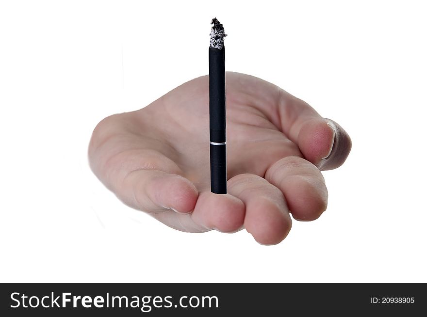 Isolated hand with a cigarette on the figertips. Isolated hand with a cigarette on the figertips