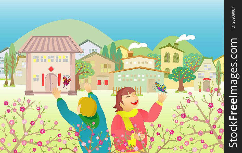 Two children chasing butterflies in front of village during spring time. Two children chasing butterflies in front of village during spring time
