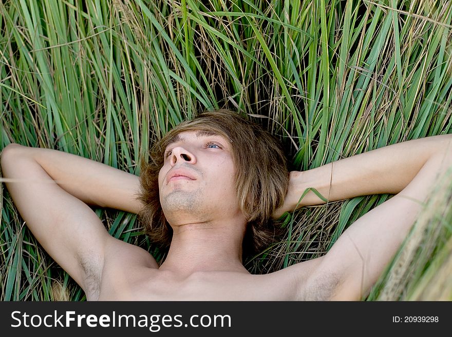 Handsome man lying on grass in summer