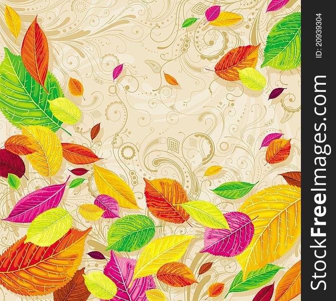 Brightly colored autumn leaves on the floral background. Brightly colored autumn leaves on the floral background