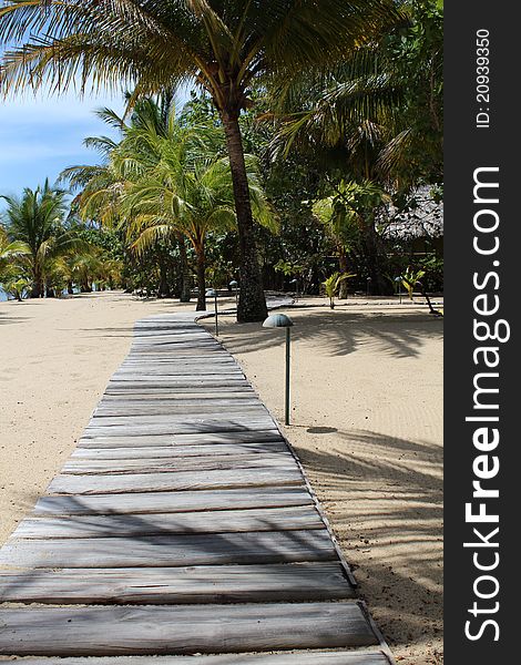 A wooden walkway allows people to walk along the beach