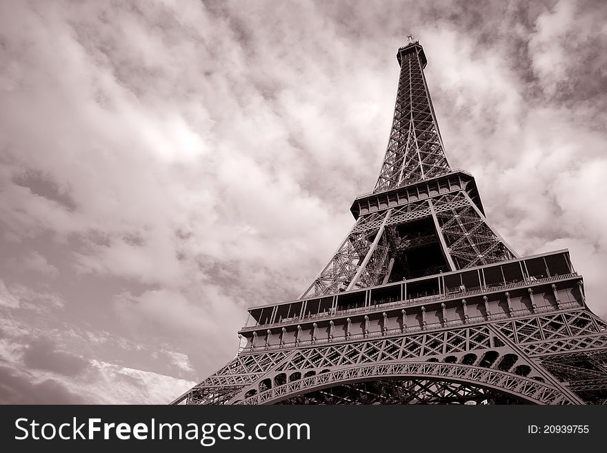 Eiffel Tower in Black and White Sepia Tone in Paris; France. Eiffel Tower in Black and White Sepia Tone in Paris; France