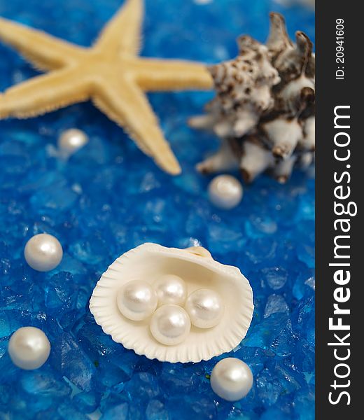 Shells,seastar And Pearls On Rocky Blue Background