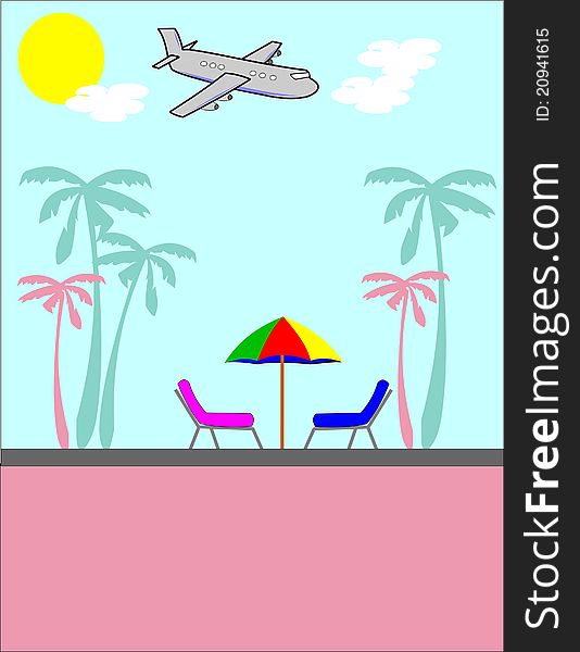 Airplane landing in resort area with beach palms and umbrella. Airplane landing in resort area with beach palms and umbrella