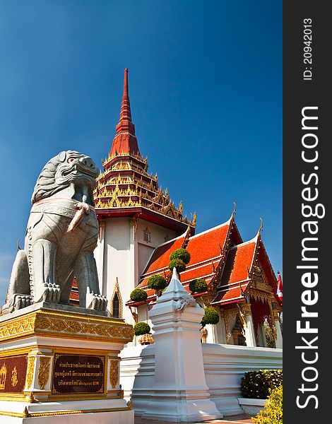 Singha statue beside buddhist church temple in Thialand. Singha statue beside buddhist church temple in Thialand