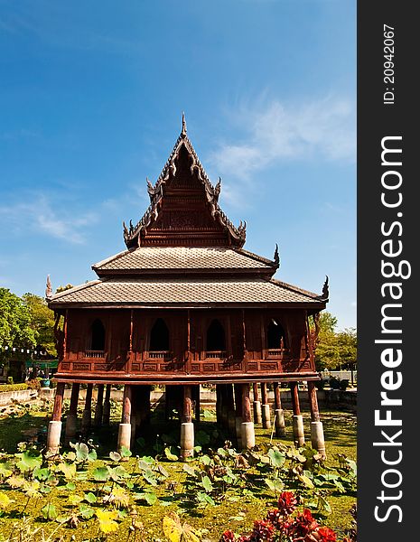 Wooden buddhist pavilion in temple of Thailand