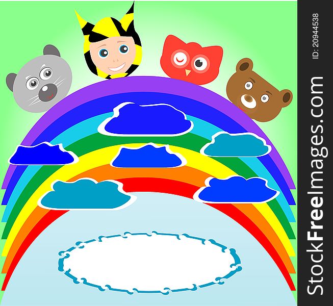 Cute kid and smile animals viewing rainbow