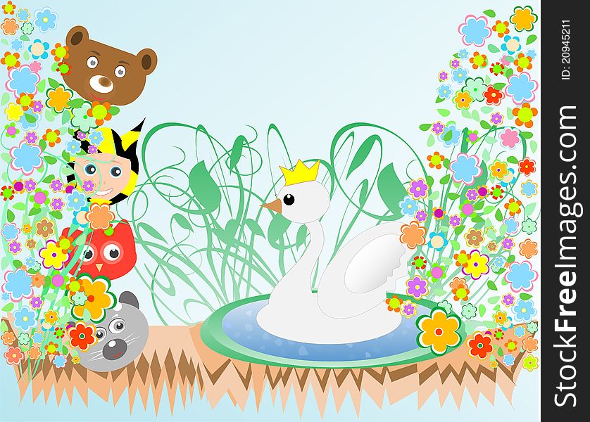 Cute baby boy and animals viewing duck with crown background