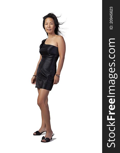 Asian Woman wearing a black dress on white background