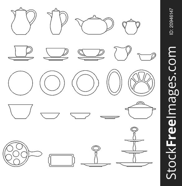 A set of kitchen utensils, a black outline on a white background. A set of kitchen utensils, a black outline on a white background.