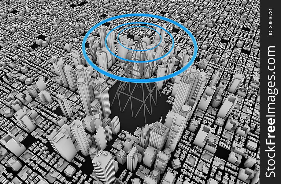 Render of a big city with a wireless tower. Render of a big city with a wireless tower