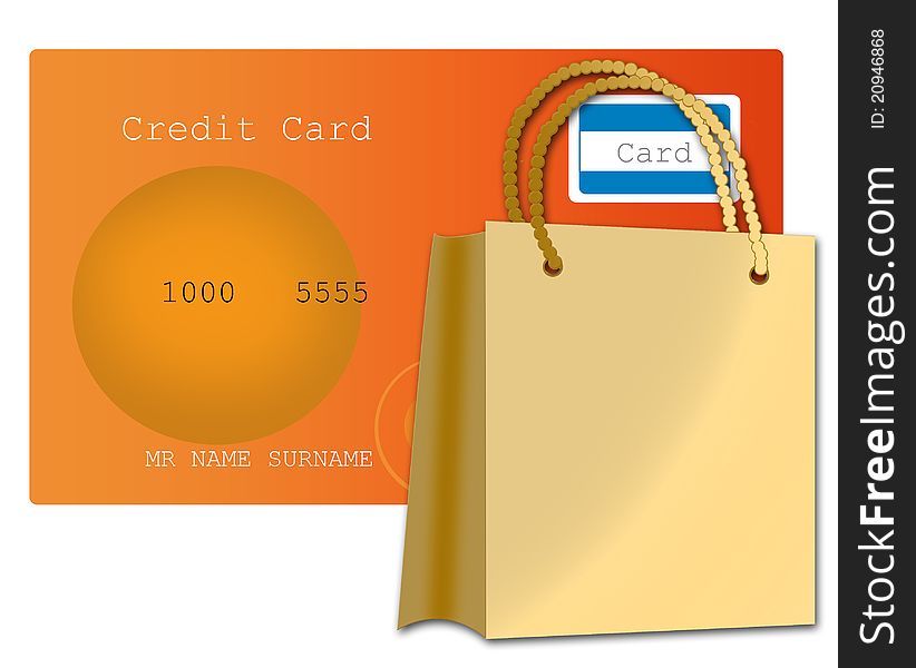 Credit card and golden shopping bag isolated on white background. Credit card and golden shopping bag isolated on white background