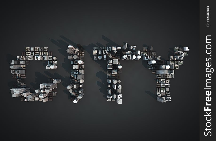 Render of the word city written with buildings. Render of the word city written with buildings