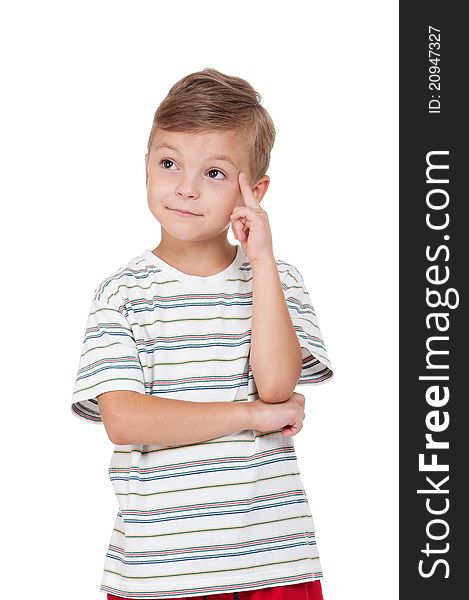 Portrait of emotionally kid. Funny little boy isolated on white background. Beautiful caucasian model.