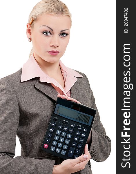 Young businesswoman with calculator - isolated on white background