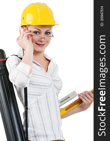 Portrait of attractive architect girl with hard hat - isolated on white background