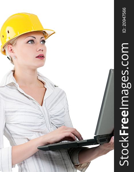 Portrait of attractive architect girl with hard hat - isolated on white background